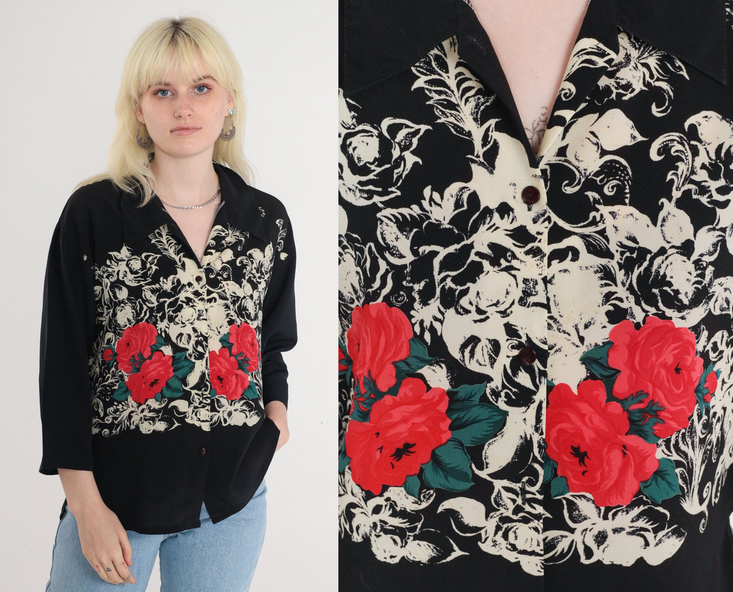 80s Black Floral Rose Print Button-Up Blouse 3/4 Sleeve Collared Medium