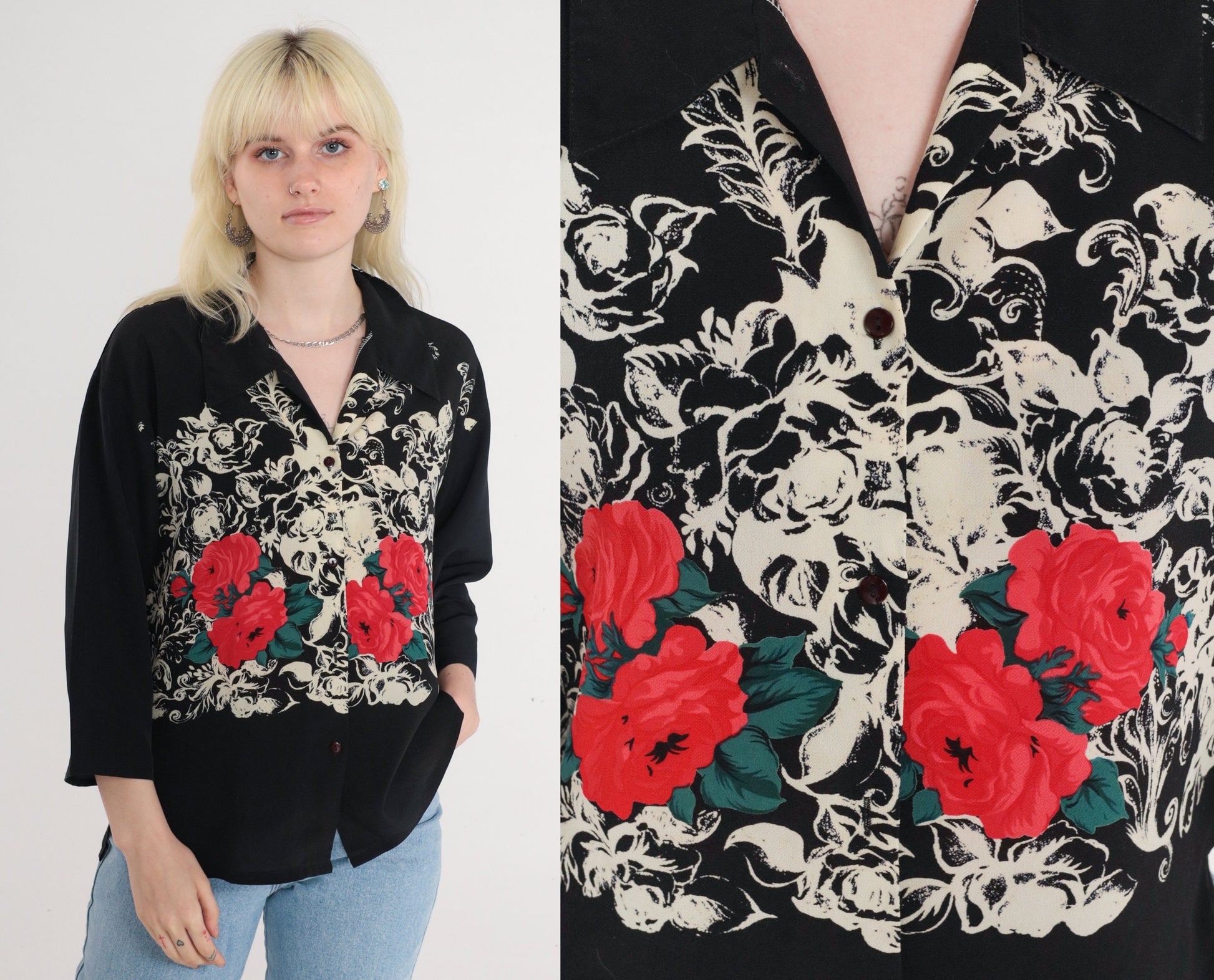 80s Black Floral Rose Print Button-Up Blouse 3/4 Sleeve Collared Medium
