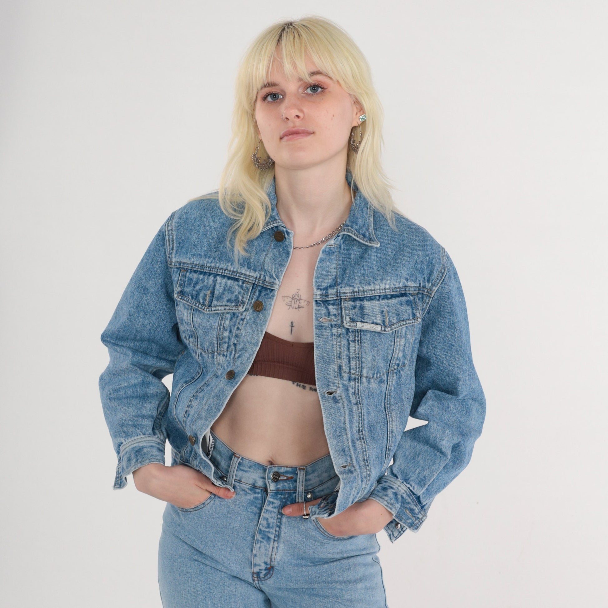 80s Blue Denim Jacket Button-Up Trucker Coat Extra Small XS