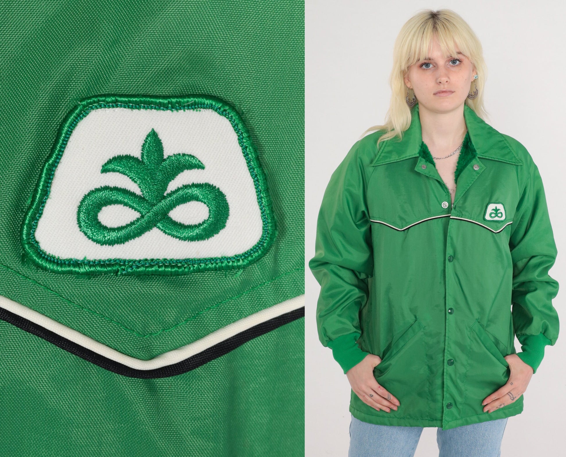 70s Green Windbreaker Jacket Faux Fur Lined Snap Fleur De Lis Medium