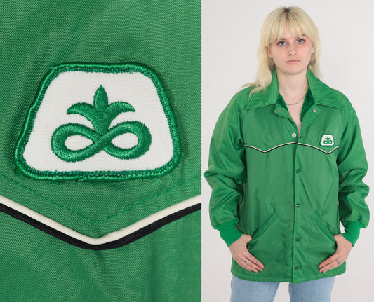 70s Green Windbreaker Jacket Faux Fur Lined Snap Fleur De Lis Medium