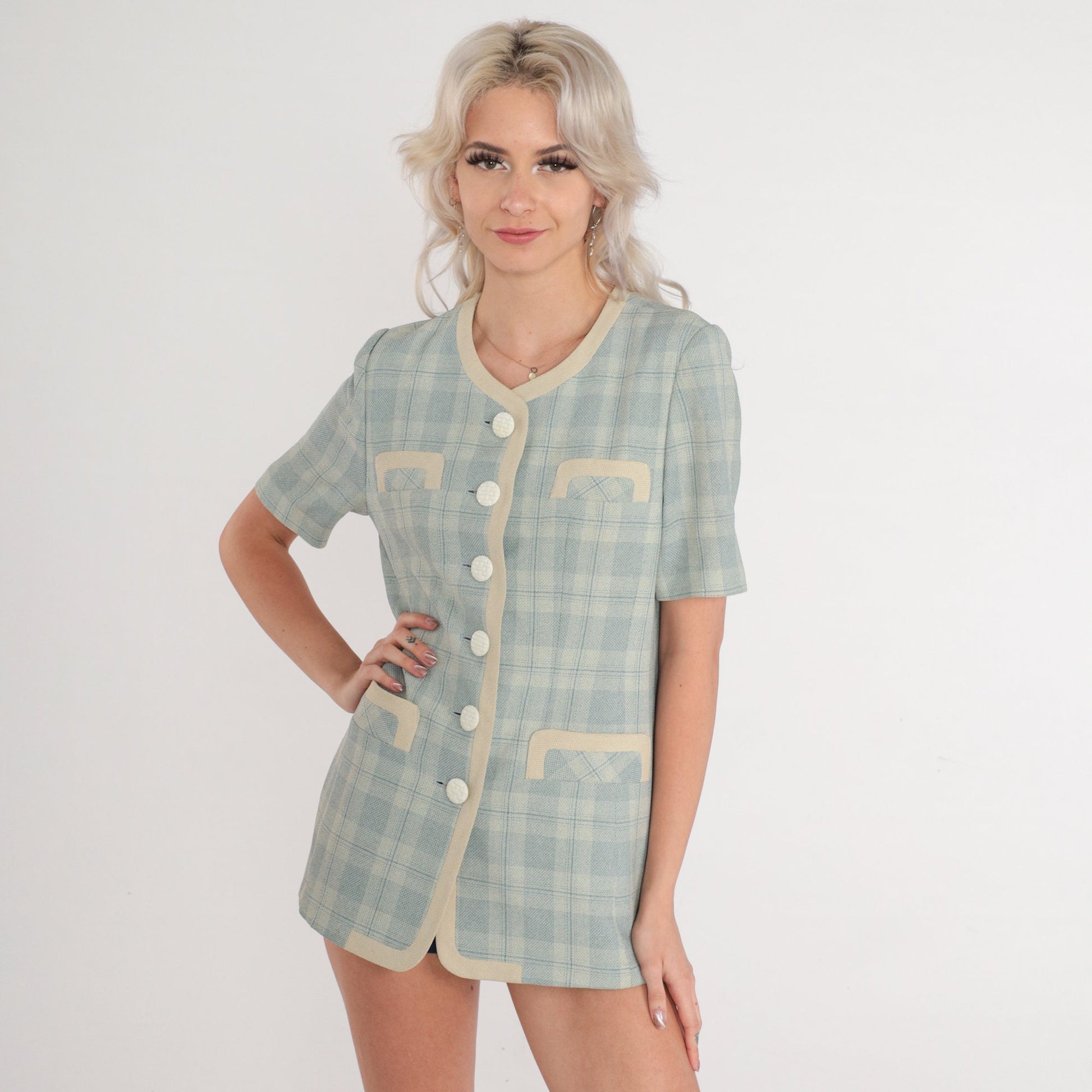 80s Blue Plaid Button-Up Blouse Beige Trim Short Sleeve Extra Small XS
