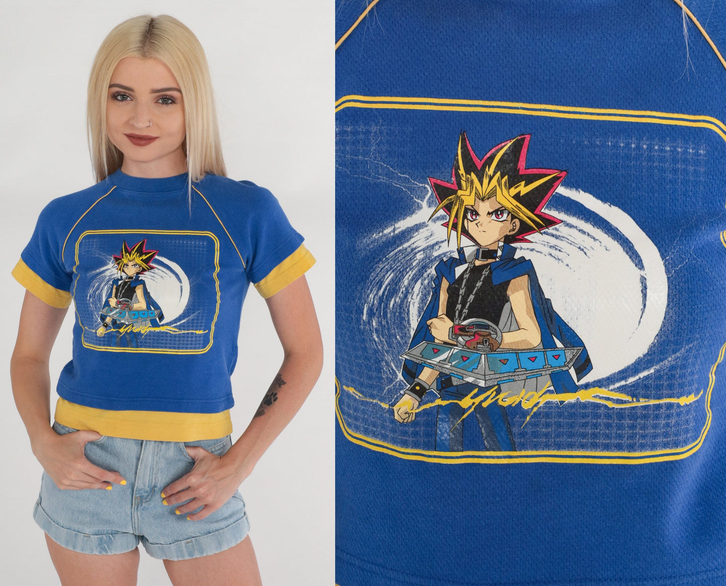 90s Yu-Gi-Oh Crop Top Raglan Graphic Tee Blue Yellow 2XS