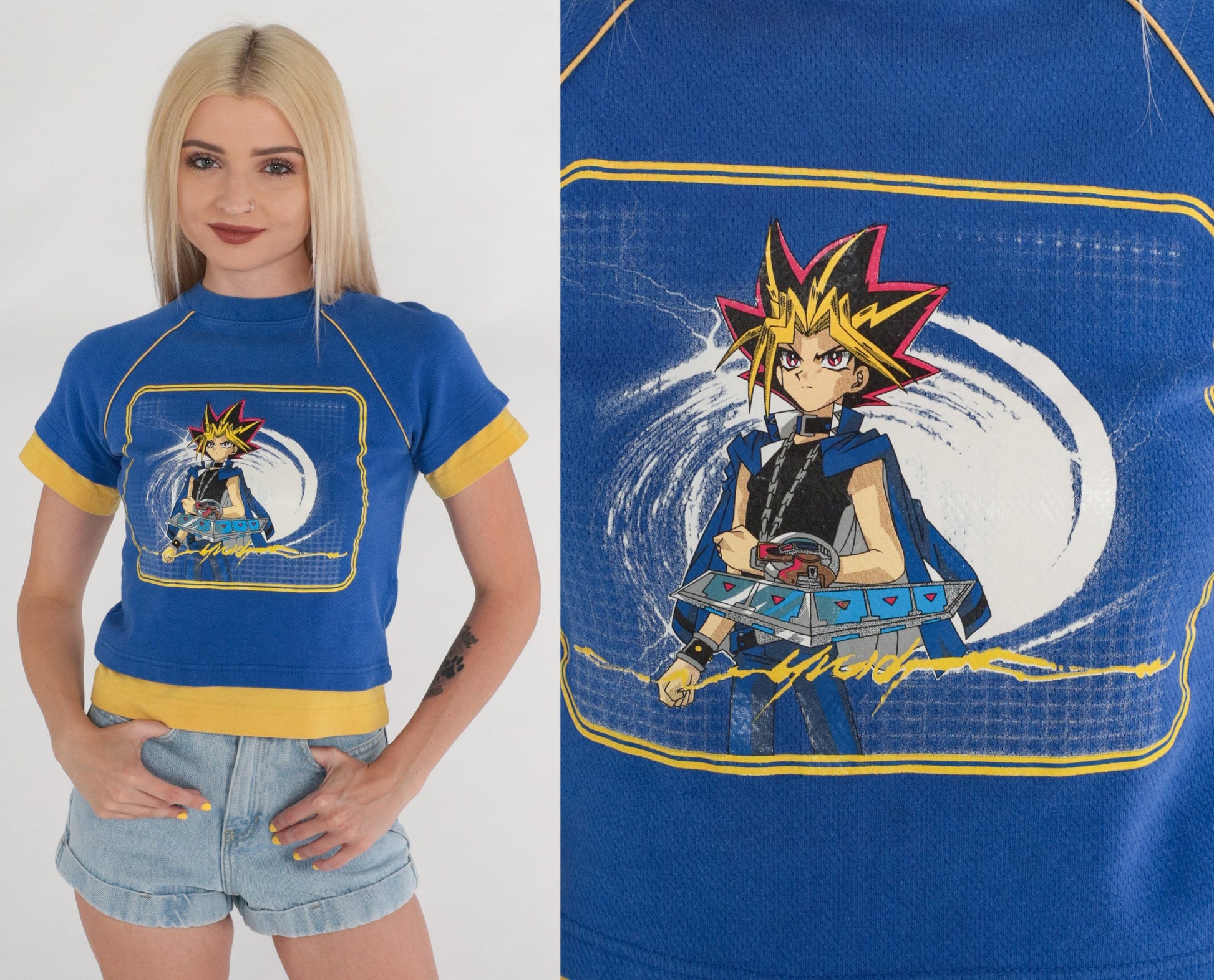 90s Yu-Gi-Oh Crop Top Raglan Graphic Tee Blue Yellow 2XS