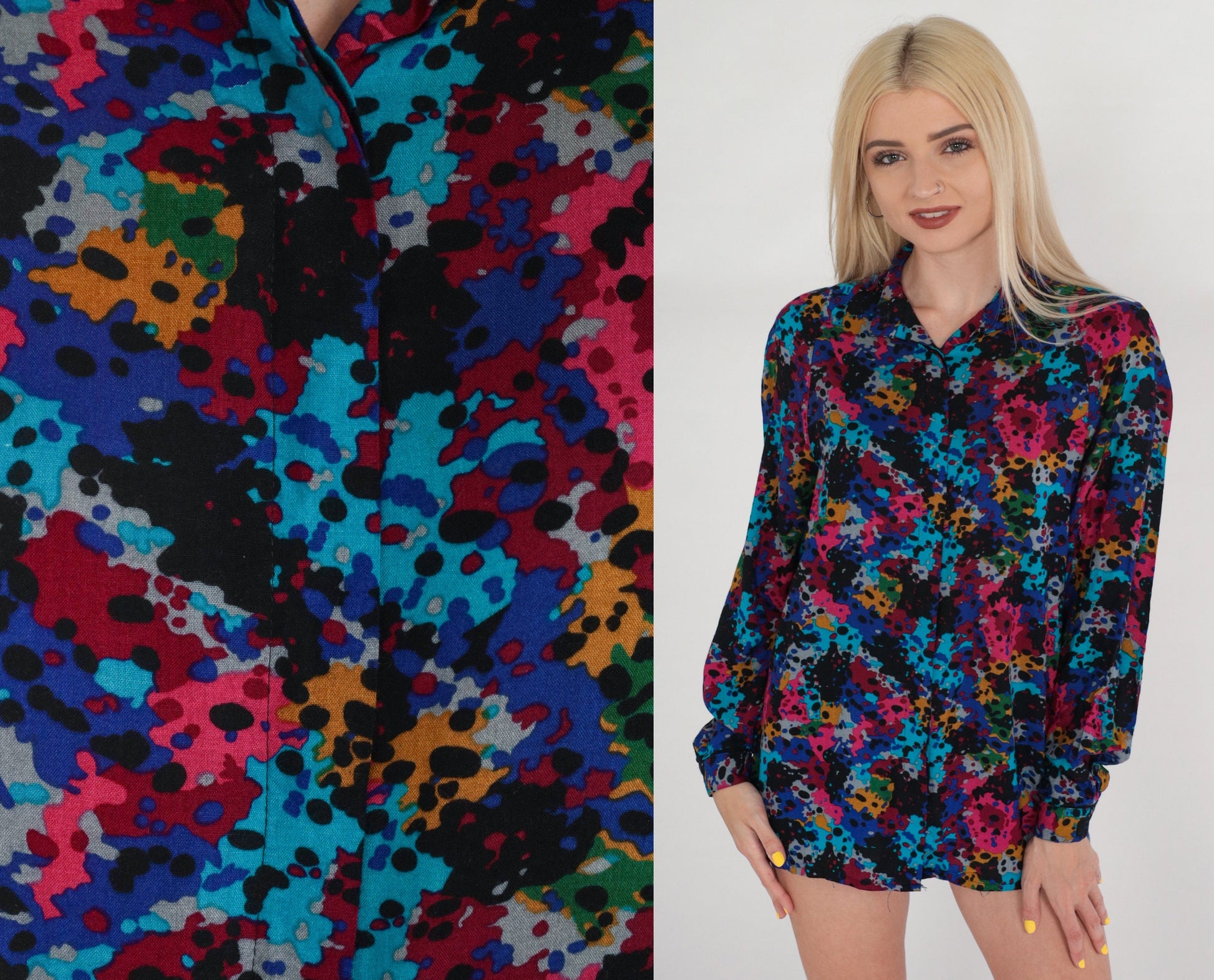 80s Abstract Paint Splatter Button-Up Blouse Multicolor Long Sleeve Small