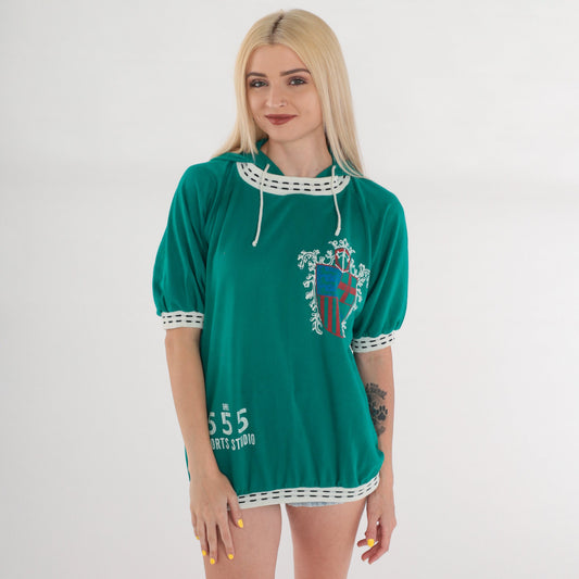 90s 555 Sports Studio Hooded T-Shirt Green Ringer Crest Graphic Large