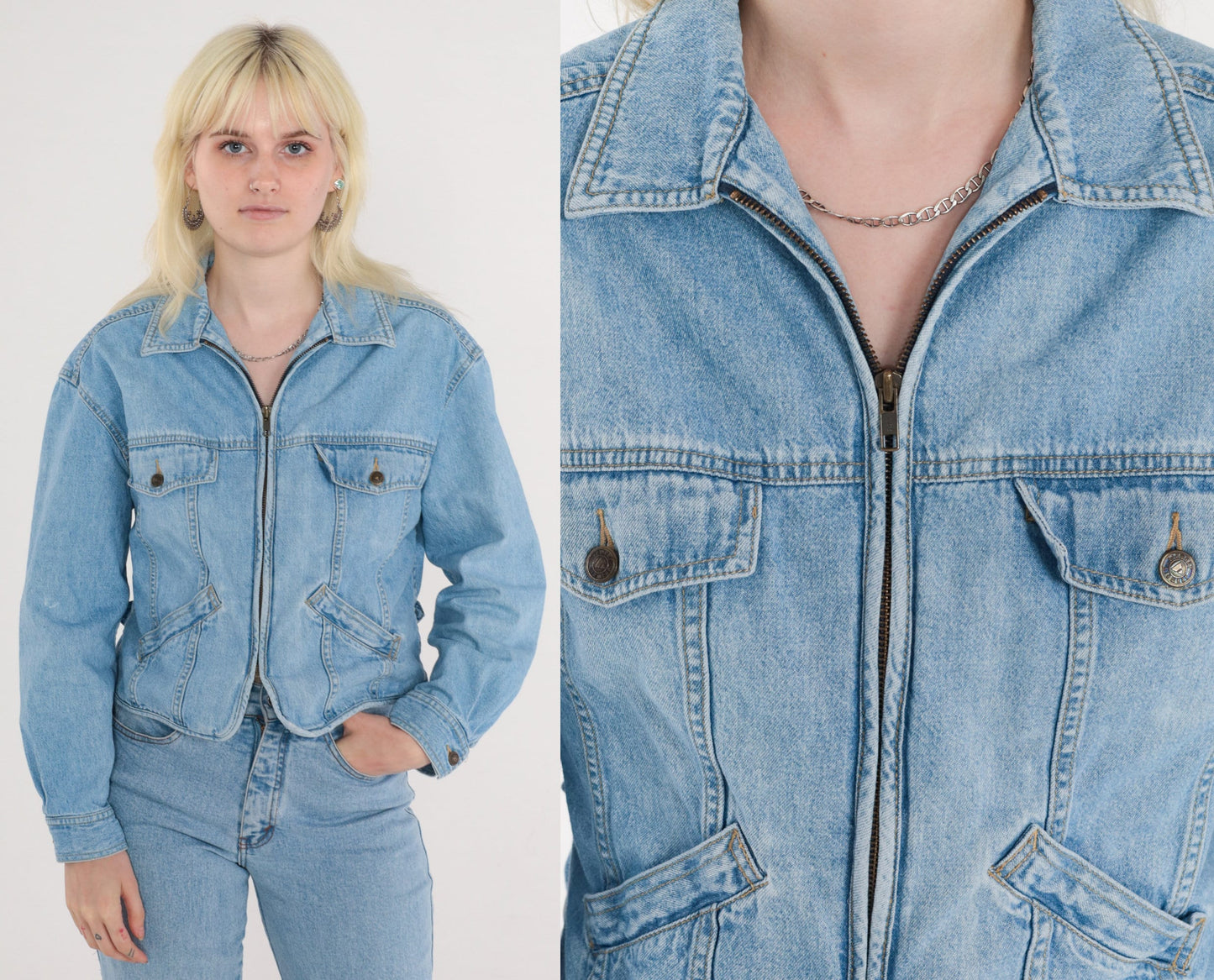 90s Liz Wear Cropped Denim Jacket Blue Zip-Up Medium