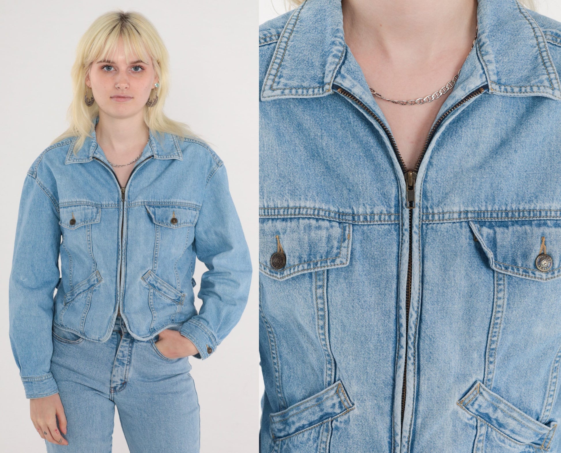 90s Liz Wear Cropped Denim Jacket Blue Zip-Up Medium