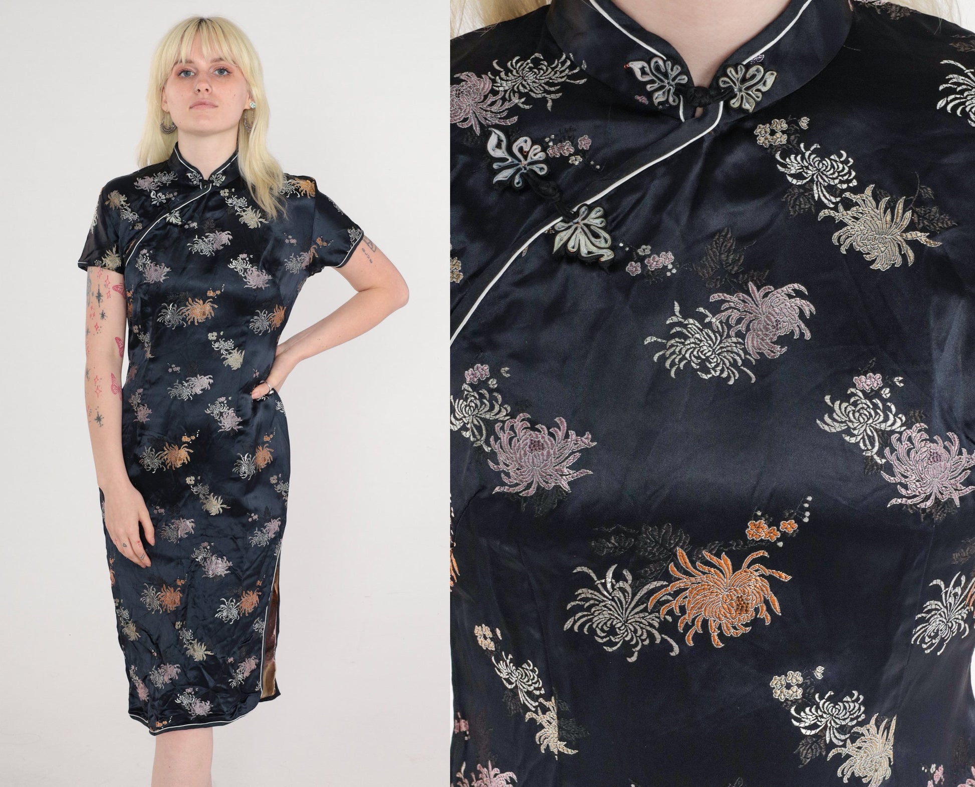 90s Black Floral Cheongsam Midi Dress Mandarin Collar Frog Buttons Side Slit Medium