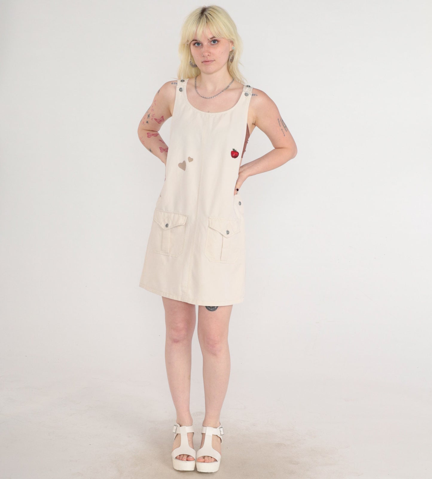 90s Beige Jumper Dress Heart Apple Print Sleeveless Mini Medium