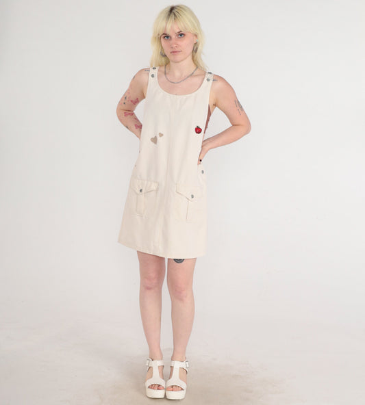 90s Beige Jumper Dress Heart Apple Print Sleeveless Mini Medium