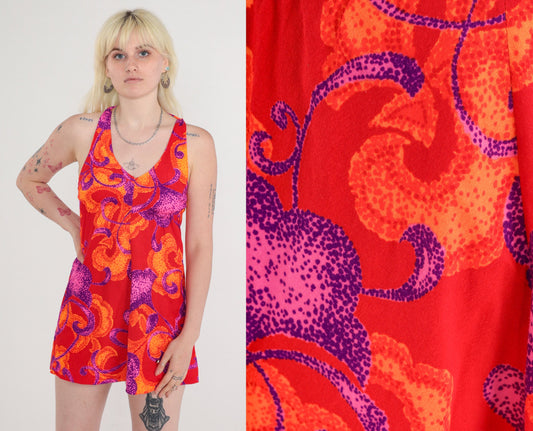 70s Halter Mini Dress Abstract Print Neon Red Empire Waist Sleeveless Extra Small