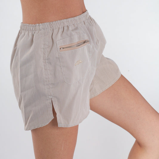 90s Pinstriped Tan Swim Shorts Elastic Waist Board Shorts Small Medium