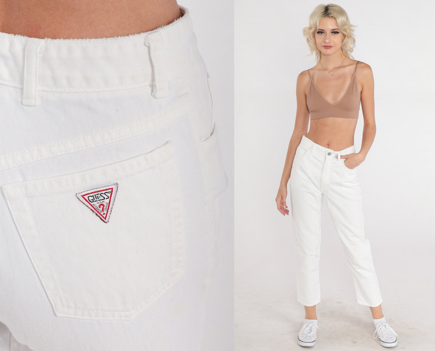 90s Guess White Denim High-Waist Mom Jeans Slim Tapered Small S