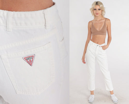 90s Guess White Denim High-Waist Mom Jeans Slim Tapered Small S