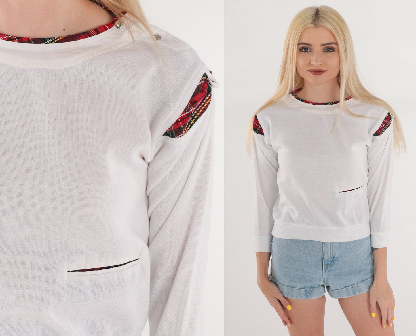 90s White Red Plaid Crewneck Sweatshirt Shoulder Snap Long Sleeve Extra Small