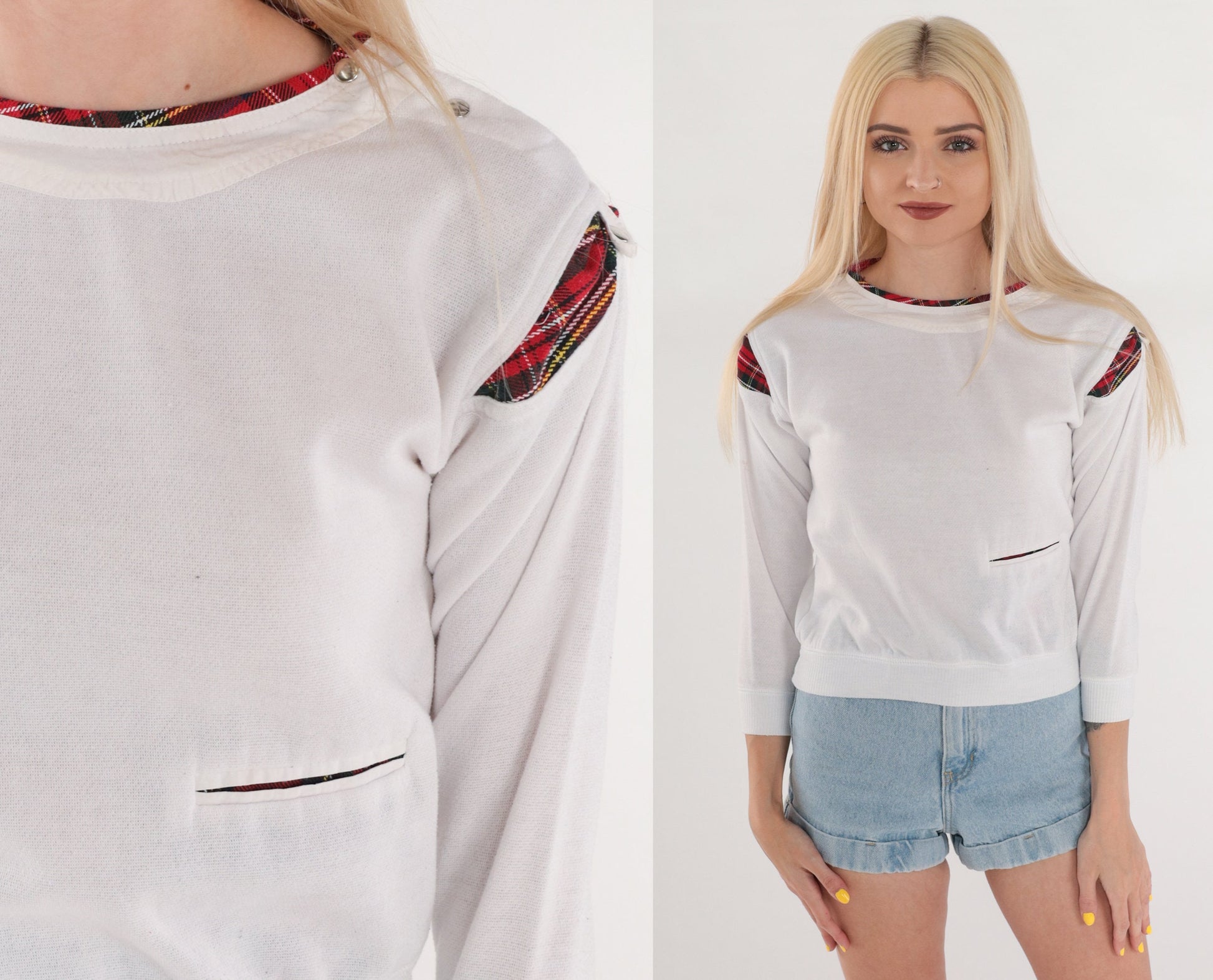 90s White Red Plaid Crewneck Sweatshirt Shoulder Snap Long Sleeve Extra Small