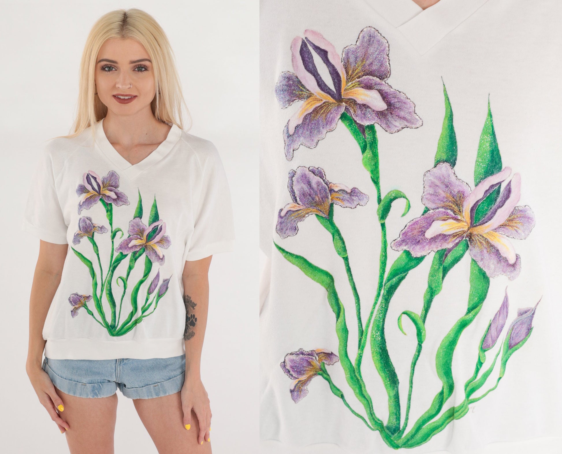 80s Iris Floral Glitter V-Neck Tee White Graphic Short Sleeve Large L