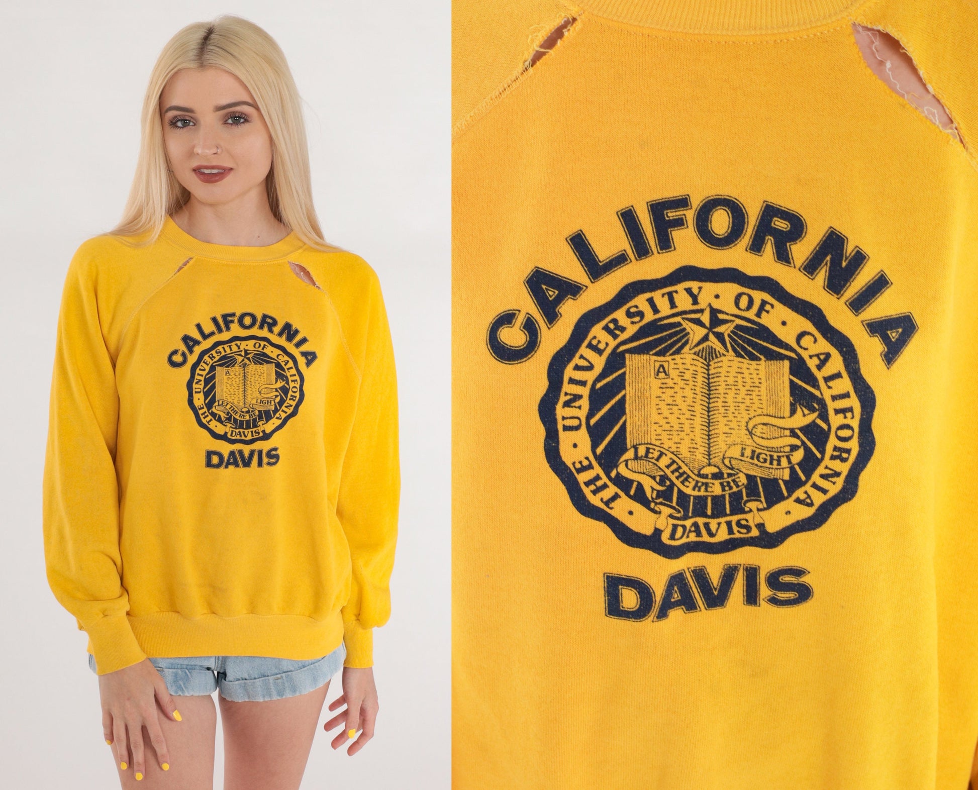 80s UC Davis Aggies Sweatshirt Yellow Raglan Graphic Distressed Small