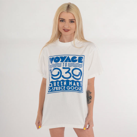 Y2K Queen Mary Spruce Goose Graphic T-Shirt White Cotton Tee Medium