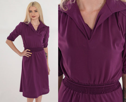 70s Purple Midi Dress Puff Sleeve Collared V-Neck Smocked Waist XS
