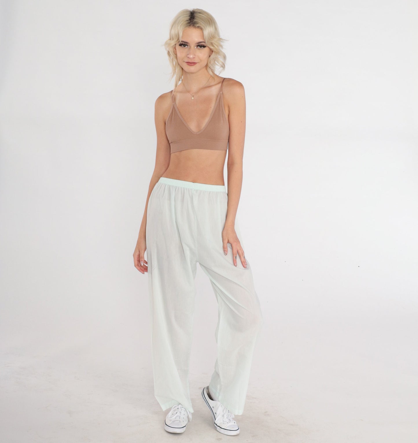 80s Mint Tapered High-Waist Pants Cotton Blend Semi-Sheer Small Medium