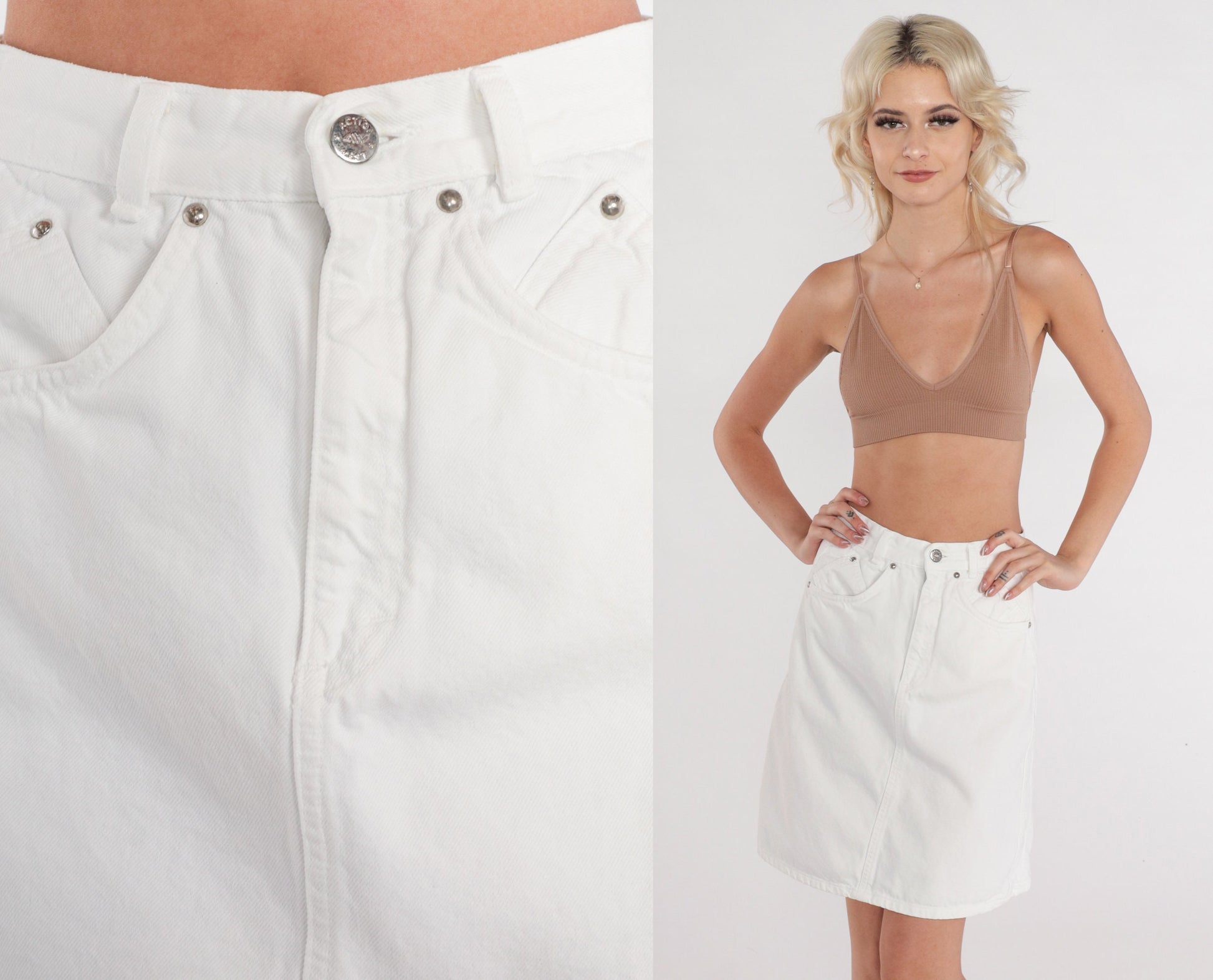 90s Action West White Denim Mini Skirt High Waist Small S