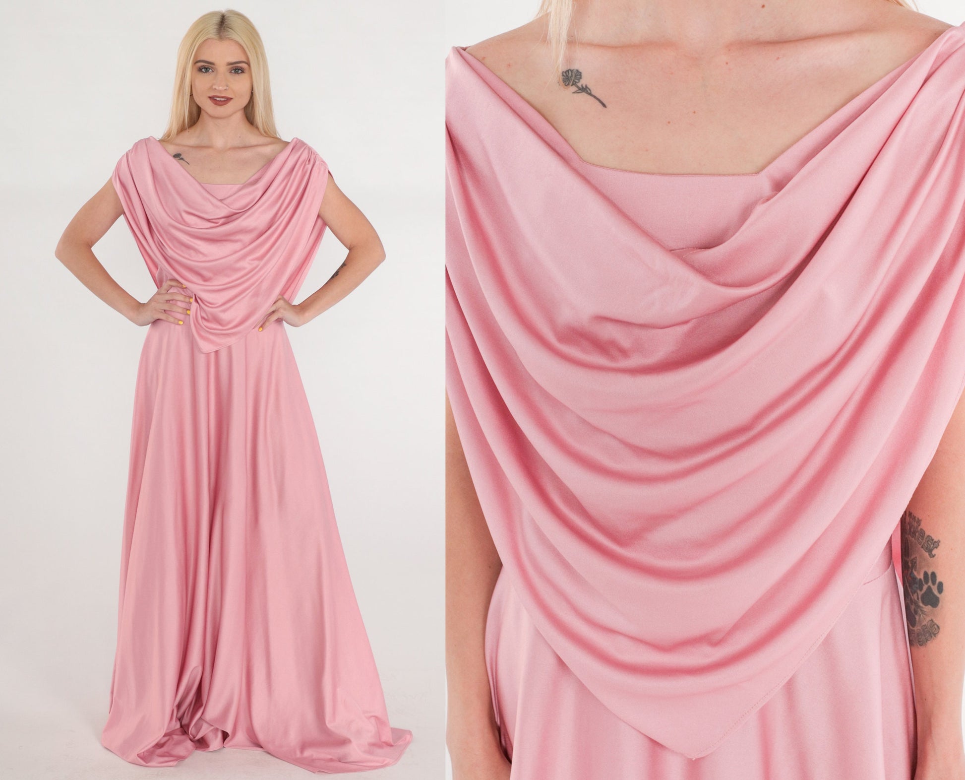 70s Pink Grecian Maxi Dress Off-Shoulder Draped Gown Medium Tall