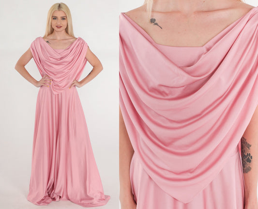 70s Pink Grecian Maxi Dress Off-Shoulder Draped Gown Medium Tall