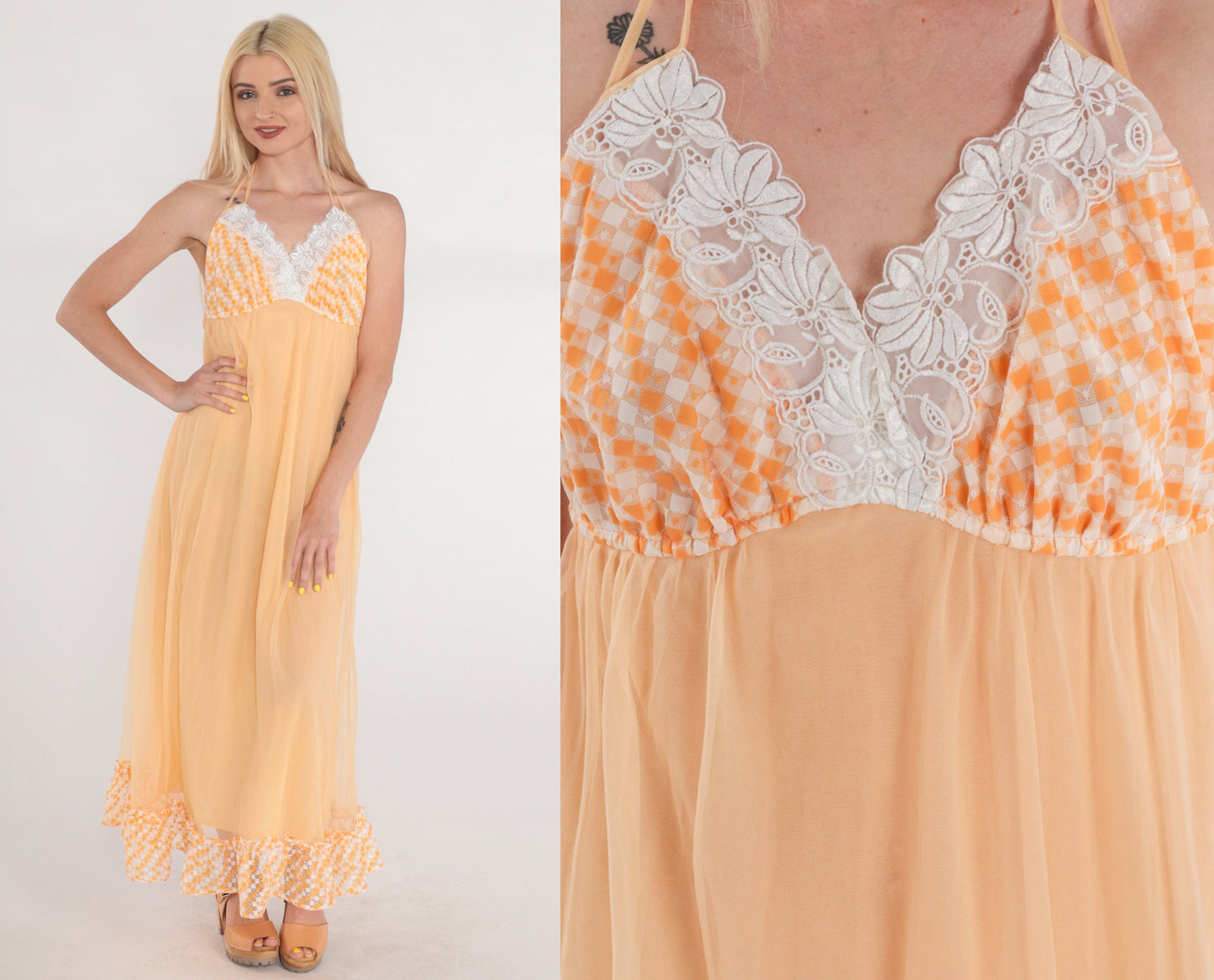 70s Orange Halter Maxi Slip Dress Empire Waist Lace Trim Small
