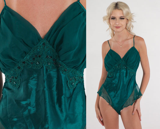 90s Victoria's Secret Green Teddy Bodysuit Beaded Floral Embroidered Small
