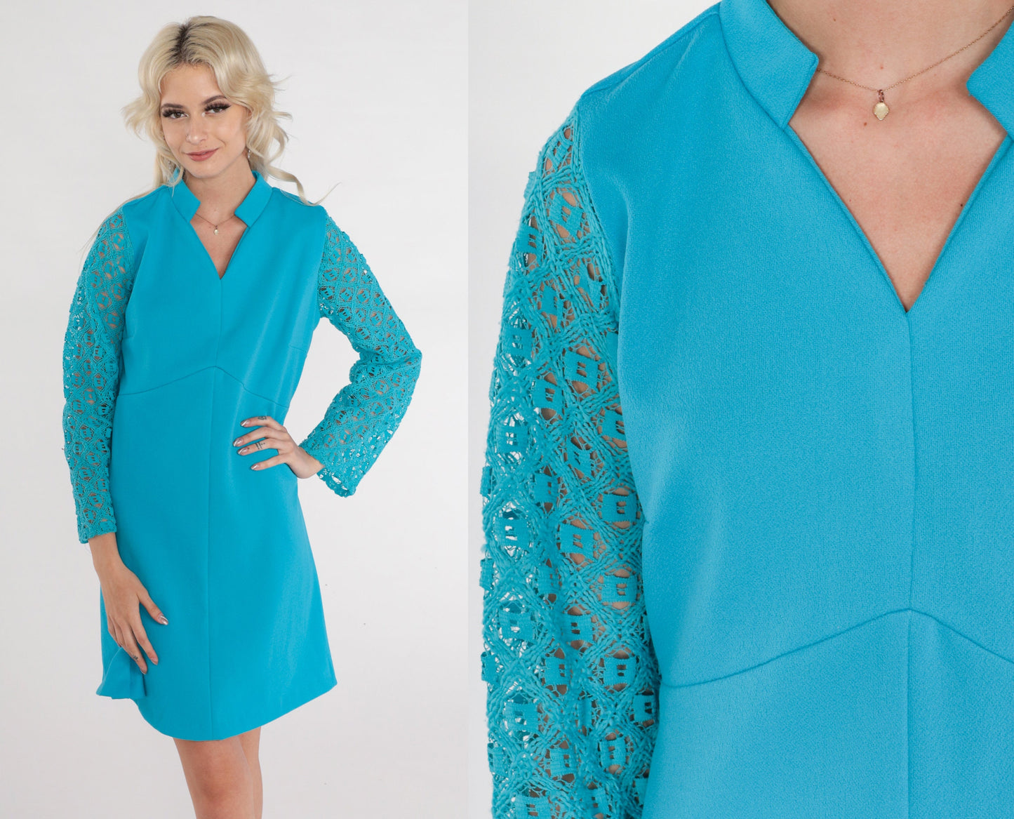 70s Blue Mini Dress Lace Sleeve Empire Waist Shift Dress Medium