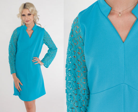 70s Blue Mini Dress Lace Sleeve Empire Waist Shift Dress Medium