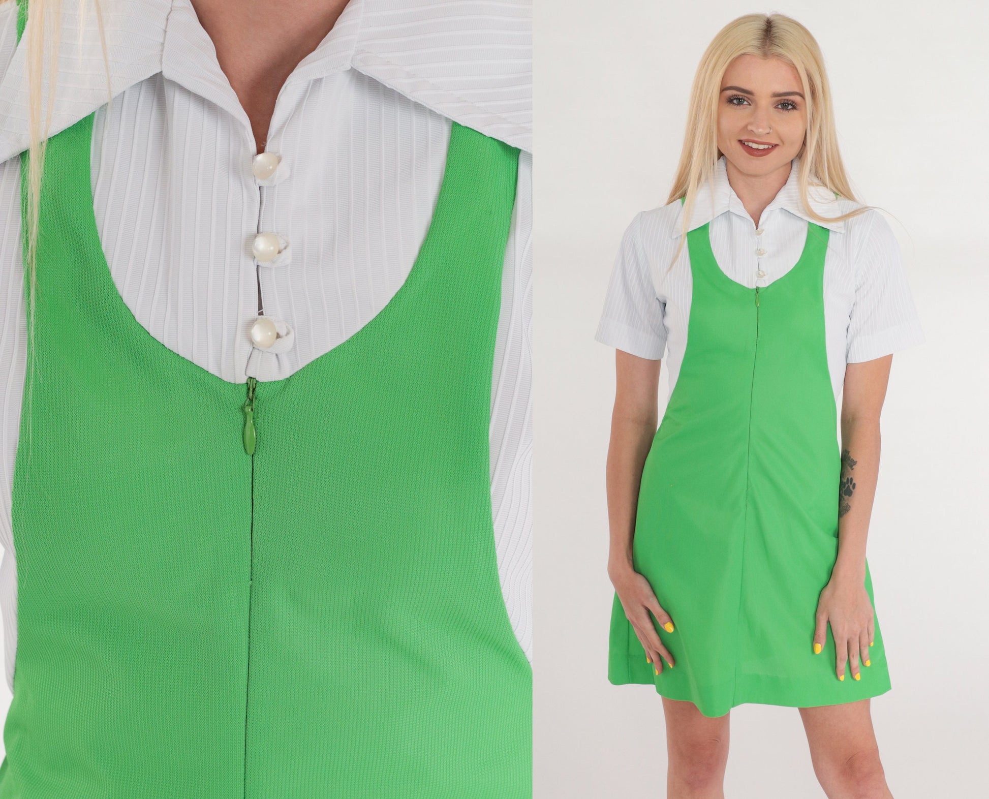 60s Lady Diane Mod Mini Shift Dress Green White Colorblock XS