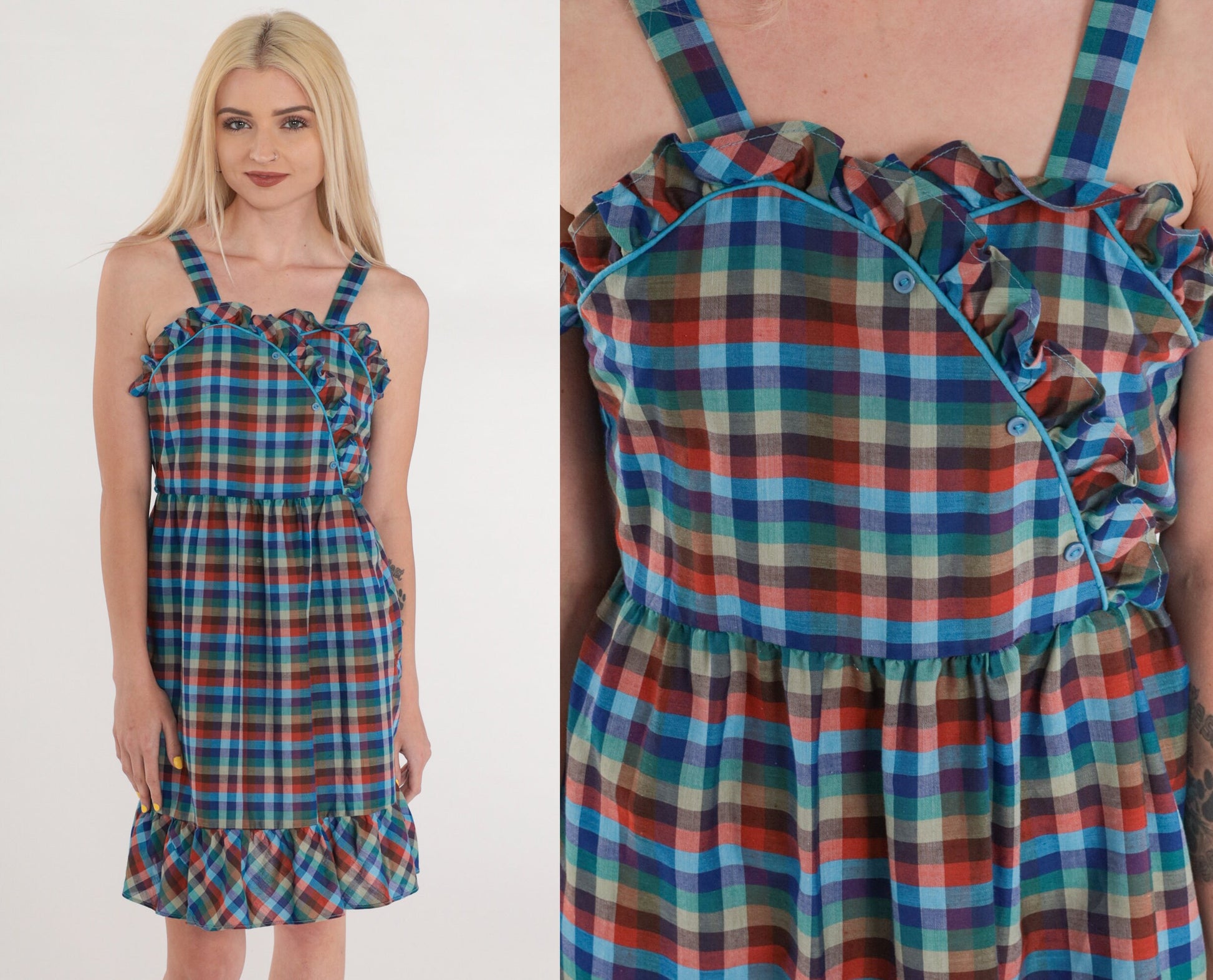 70s Plaid Mini Dress Sleeveless Ruffled Button-Up Blue Green Checkered XS