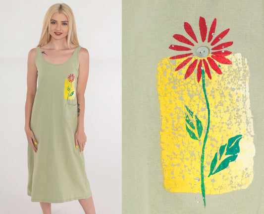 90s Green Floral Midi Sundress Sleeveless Painted Print Pocket Small