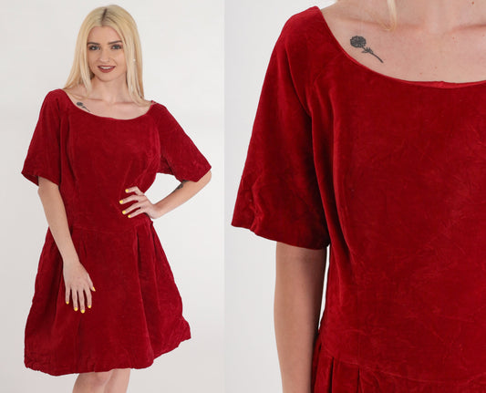 60s Red Velvet Mini Dress High Waist Scoop Back Short Sleeve Extra Large XL