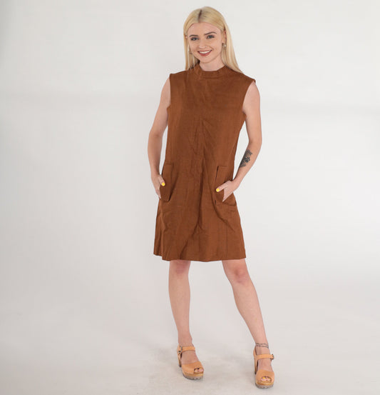60s Brown Linen Shift Dress Mock Neck Mini Sleeveless Pockets Small