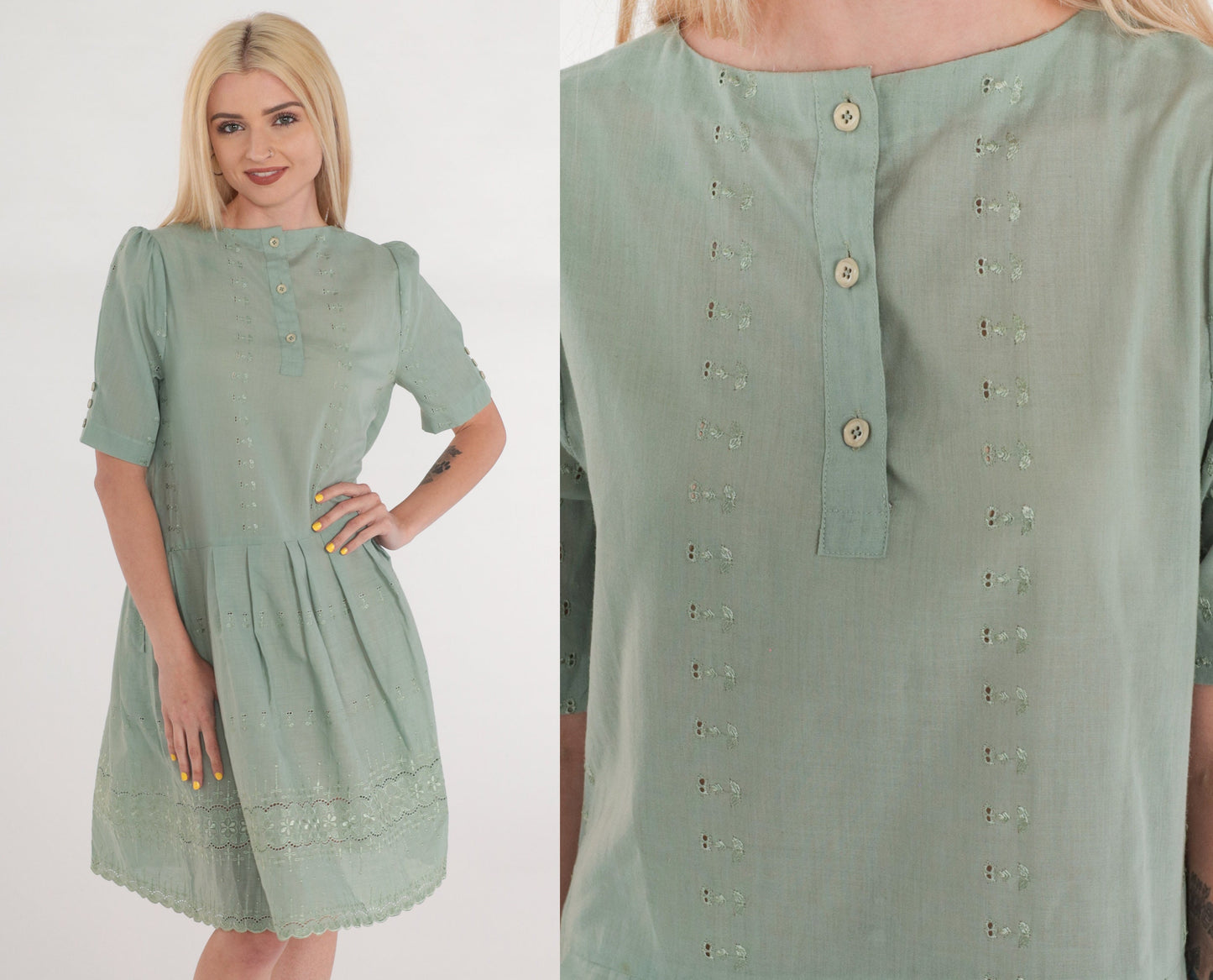 Y2K Green Floral Embroidered Mini Dress Puff Sleeve Criss Cross Back Small