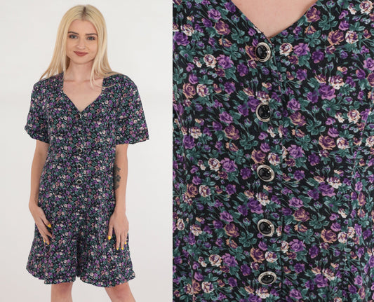90s Floral Button-Up Romper Wide Leg Shorts Black Purple Medium M