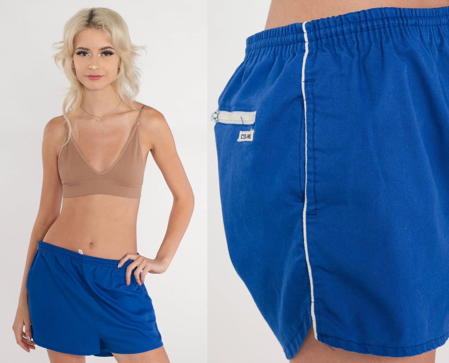 80s Blue Gym Shorts High Waisted Drawstring Running Shorts Large L