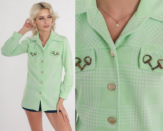 70s Green Checkered Button-Up Blouse Dagger Collar Gold Buckle Small