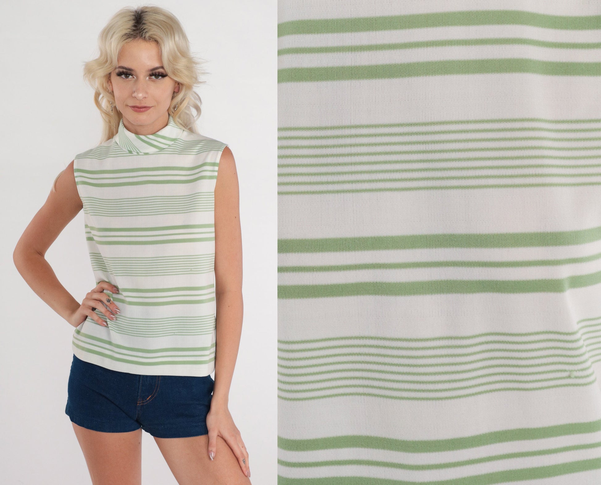 70s Green & White Striped Tank Top Mock Neck Zip Back Small
