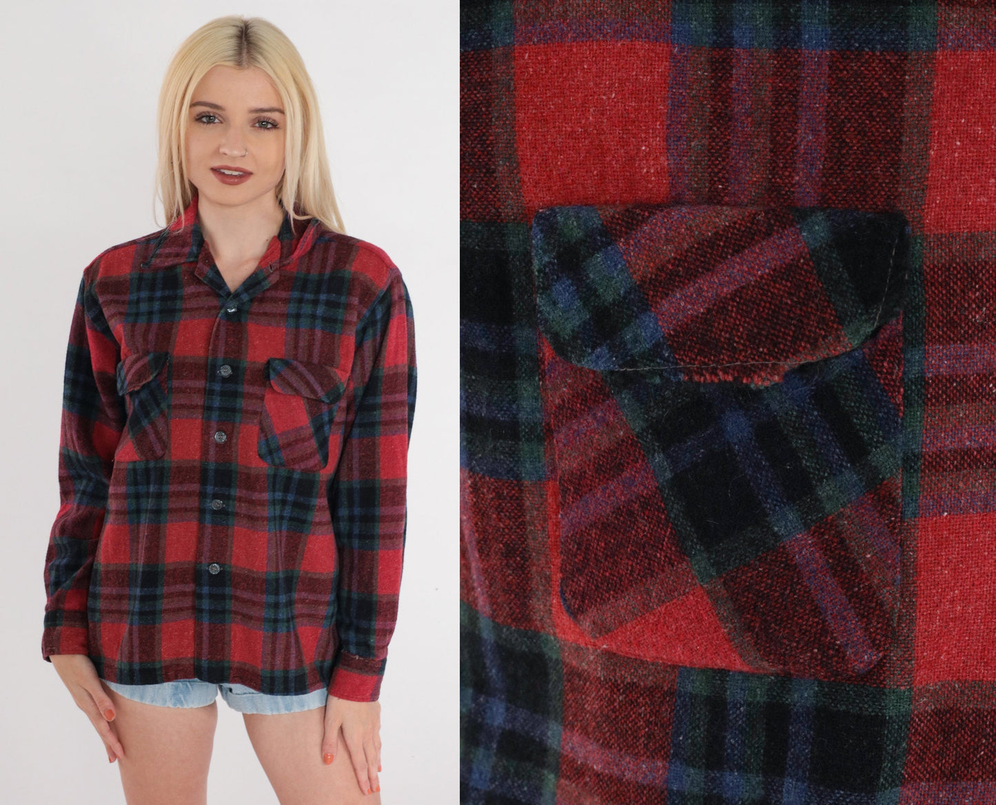 70s Mac Campbell Red Plaid Wool Flannel Button-Up Shirt Medium