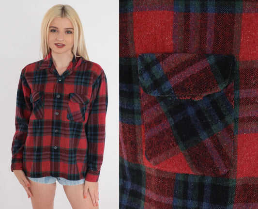 70s Mac Campbell Red Plaid Wool Flannel Button-Up Shirt Medium