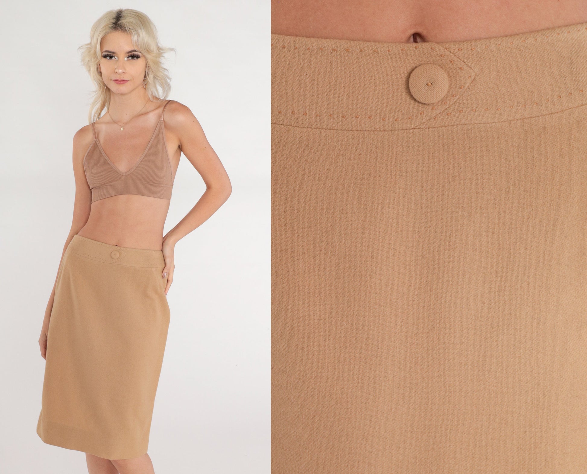 70s Tan Wool Midi Skirt High Waisted Pencil A-Line Small