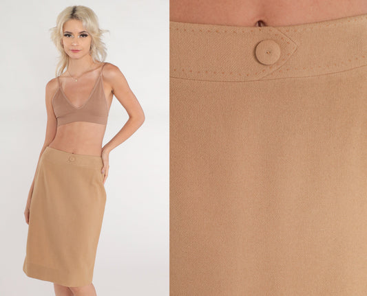 70s Tan Wool Midi Skirt High Waisted Pencil A-Line Small