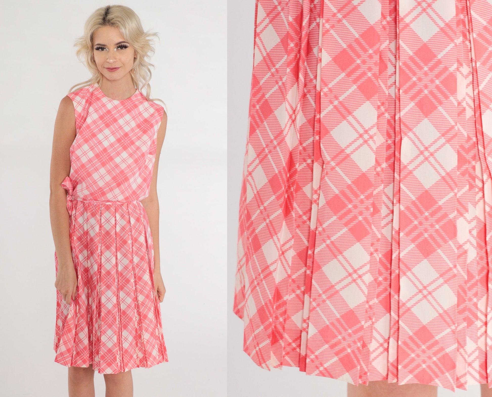 60s Pink Plaid Mini Dress Sleeveless High Waist Pleated Sundress Extra Small