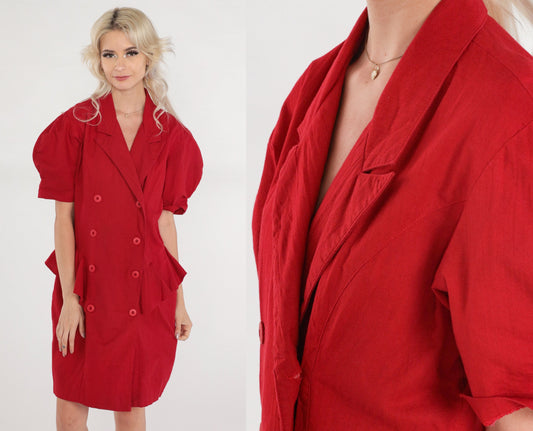 80s Red Double Breasted Mini Dress Puff Sleeve Peplum Collar Small S