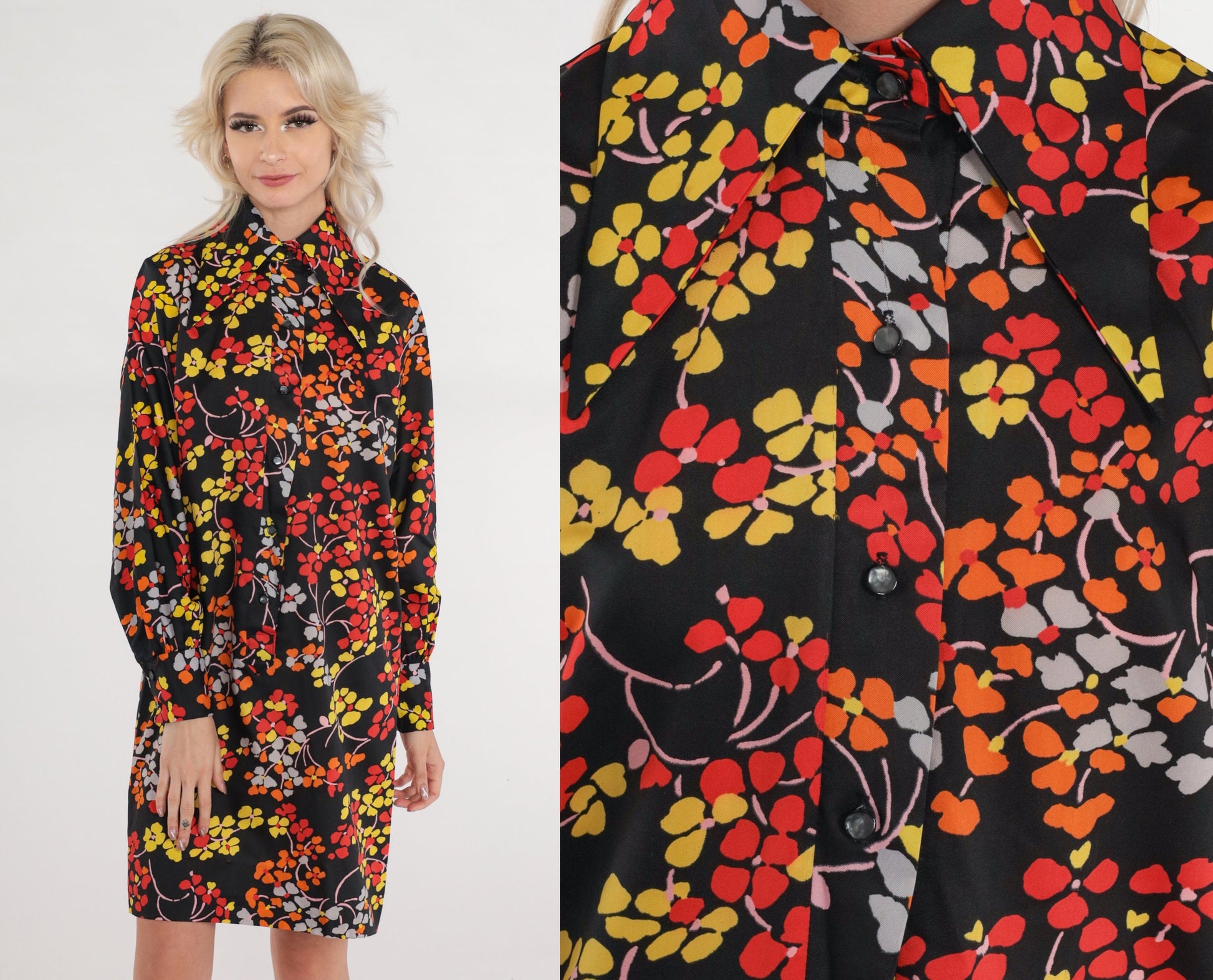 60s Black Floral Mini Shift Dress Dagger Collar Button-Up Long Sleeve Medium